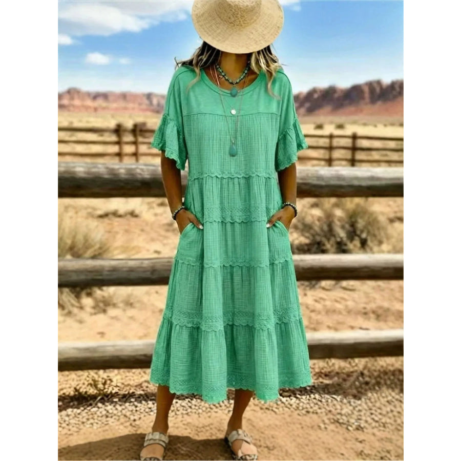 Full Size Tiered Ruffle Sleeve Midi Dress with Pockets Plus Size Green / XS Apparel and Accessories