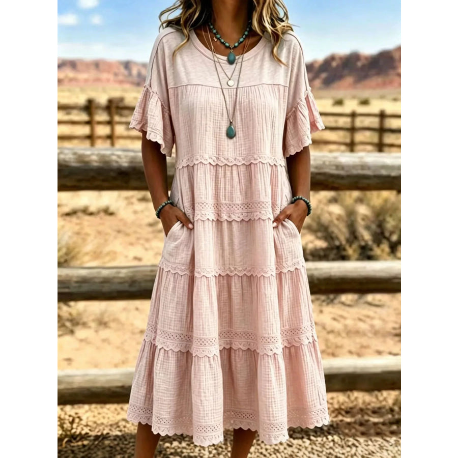 Full Size Tiered Ruffle Sleeve Midi Dress with Pockets Plus Size Pink / XS Apparel and Accessories