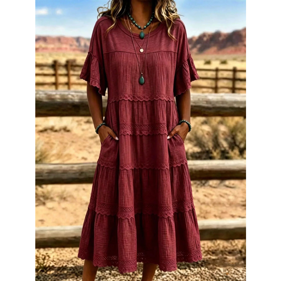 Full Size Tiered Ruffle Sleeve Midi Dress with Pockets Plus Size Red / XS Apparel and Accessories