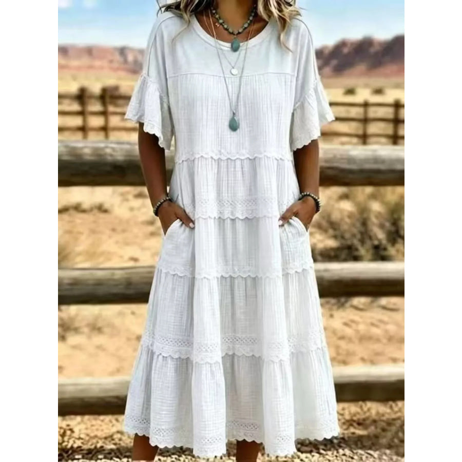 Full Size Tiered Ruffle Sleeve Midi Dress with Pockets Plus Size White / XS Apparel and Accessories