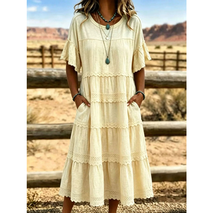 Full Size Tiered Ruffle Sleeve Midi Dress with Pockets Plus Size Yellow / XS Apparel and Accessories