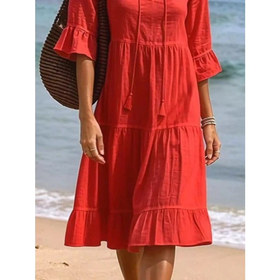 Full Size Tiered Tie Neck Flounce Sleeve Dress Plus Size Apparel and Accessories