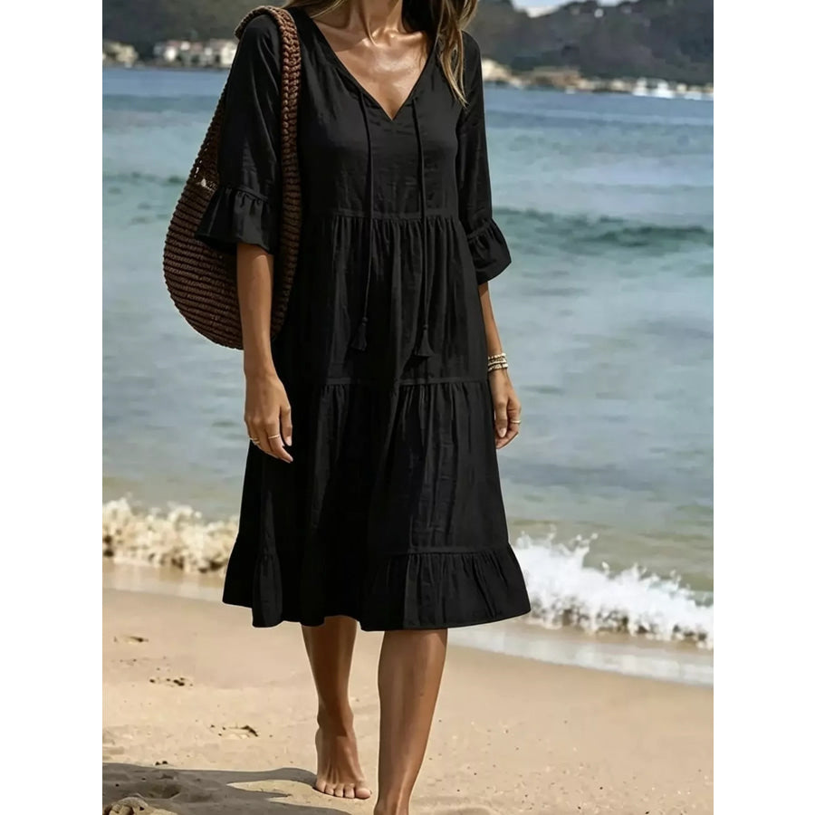 Full Size Tiered Tie Neck Flounce Sleeve Dress Plus Size Apparel and Accessories