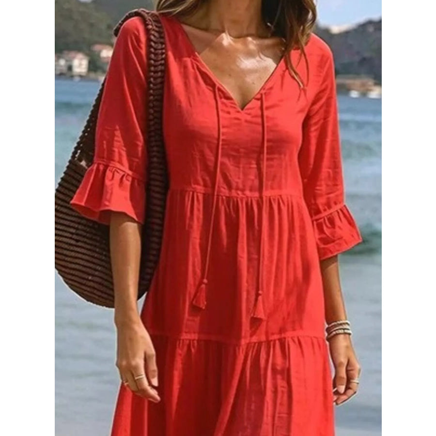 Full Size Tiered Tie Neck Flounce Sleeve Dress Plus Size Apparel and Accessories