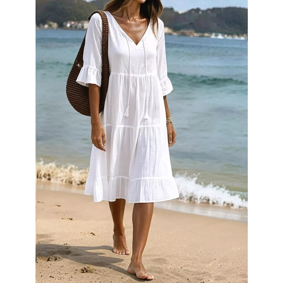 Full Size Tiered Tie Neck Flounce Sleeve Dress Plus Size Apparel and Accessories
