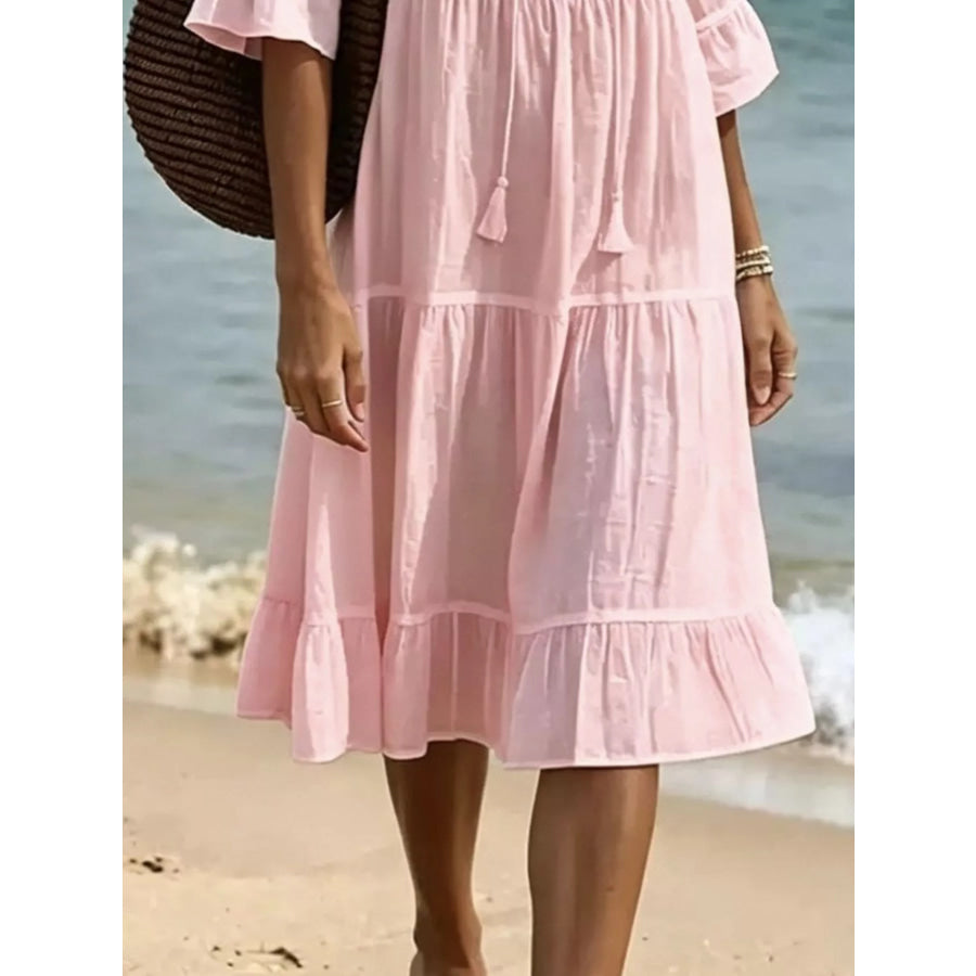 Full Size Tiered Tie Neck Flounce Sleeve Dress Plus Size Apparel and Accessories