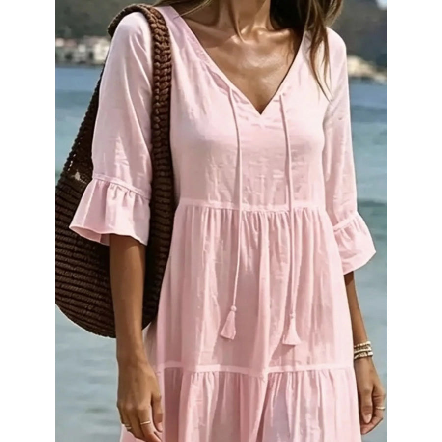 Full Size Tiered Tie Neck Flounce Sleeve Dress Plus Size Apparel and Accessories