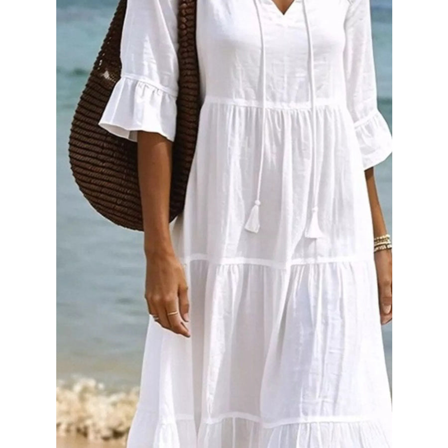 Full Size Tiered Tie Neck Flounce Sleeve Dress Plus Size Apparel and Accessories