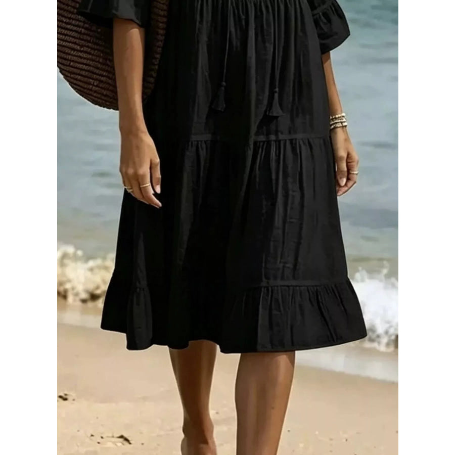 Full Size Tiered Tie Neck Flounce Sleeve Dress Plus Size Apparel and Accessories