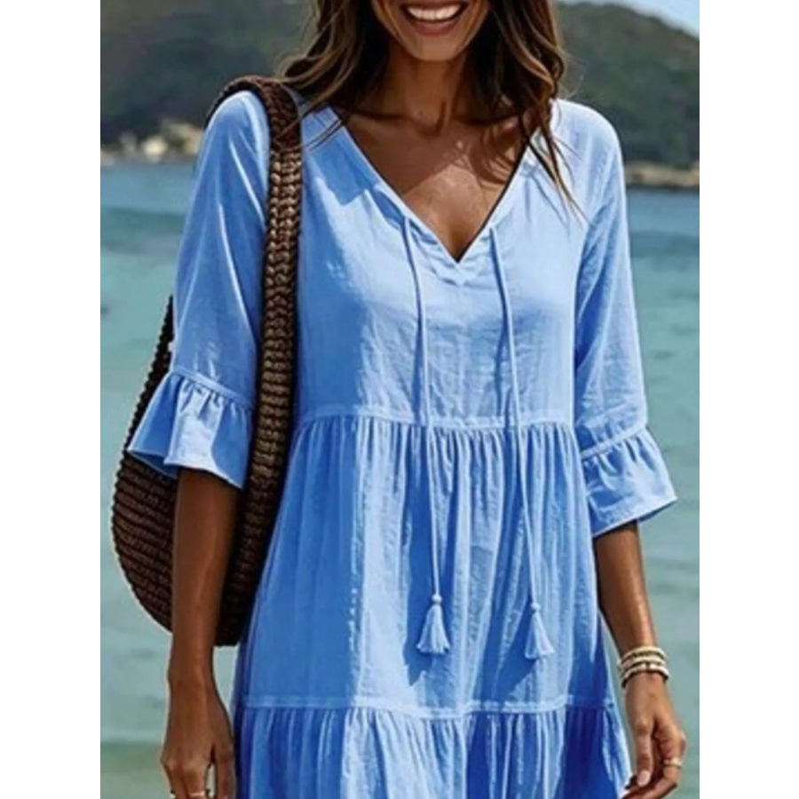 Full Size Tiered Tie Neck Flounce Sleeve Dress Plus Size Apparel and Accessories