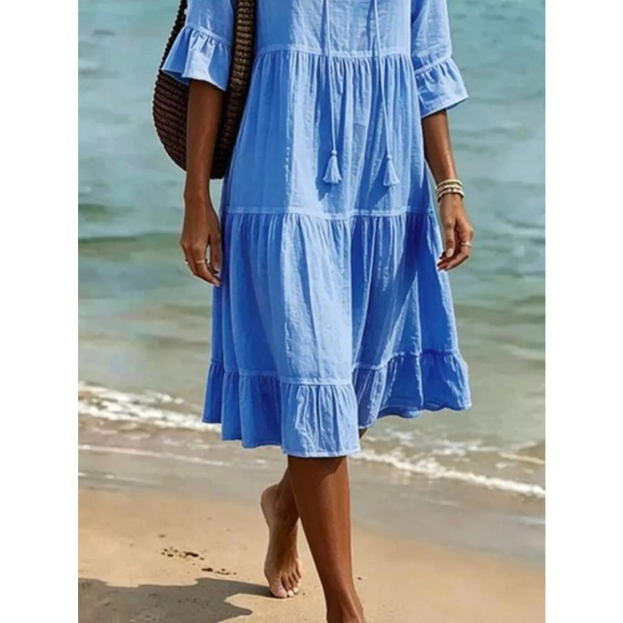 Full Size Tiered Tie Neck Flounce Sleeve Dress Plus Size Apparel and Accessories