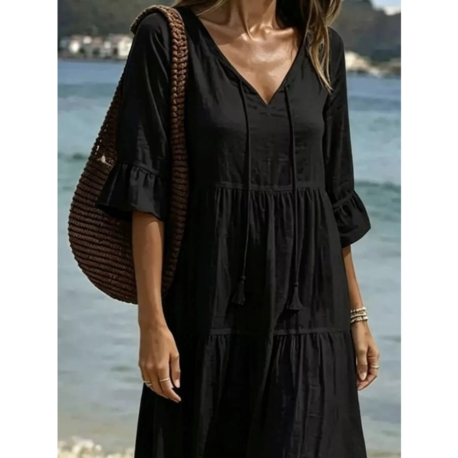 Full Size Tiered Tie Neck Flounce Sleeve Dress Plus Size Black / S Apparel and Accessories