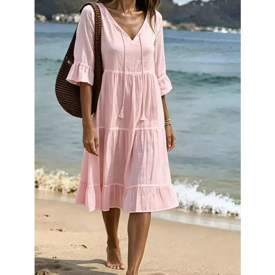 Full Size Tiered Tie Neck Flounce Sleeve Dress Plus Size Blush Pink / S Apparel and Accessories