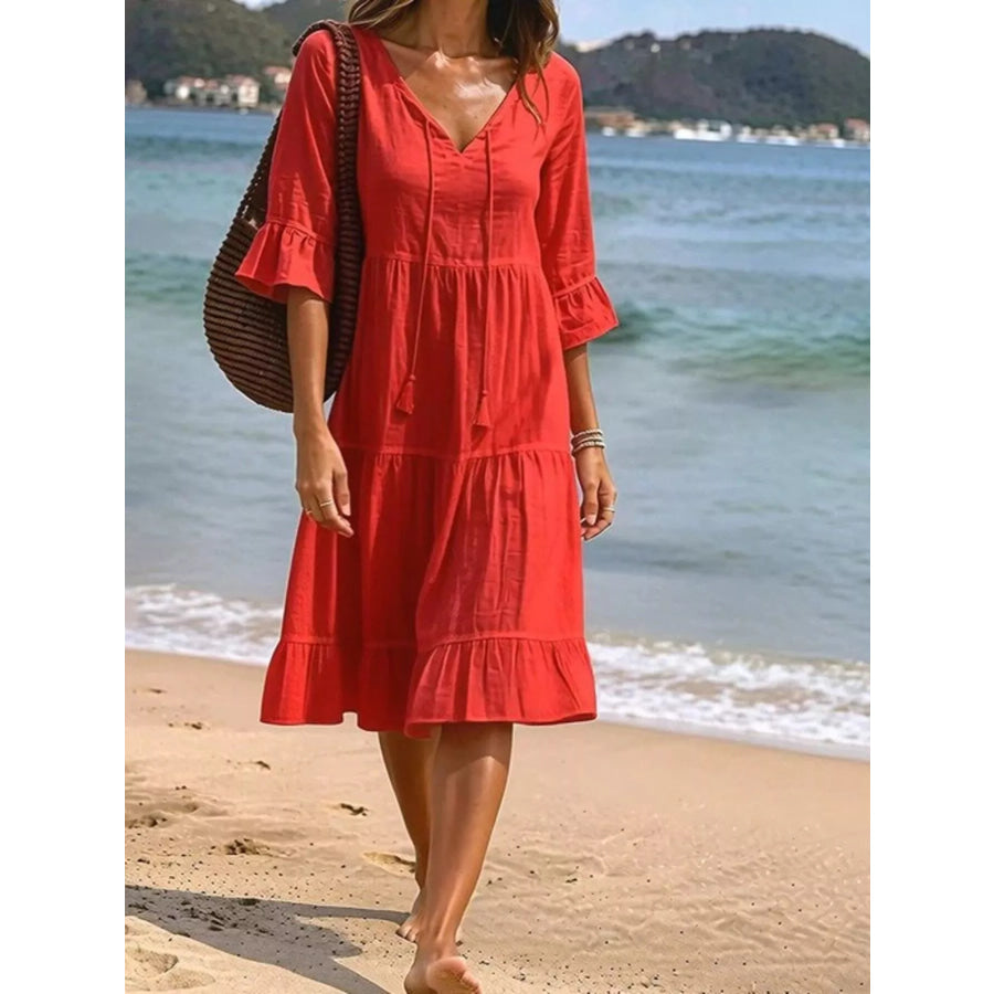 Full Size Tiered Tie Neck Flounce Sleeve Dress Plus Size Deep Red / S Apparel and Accessories
