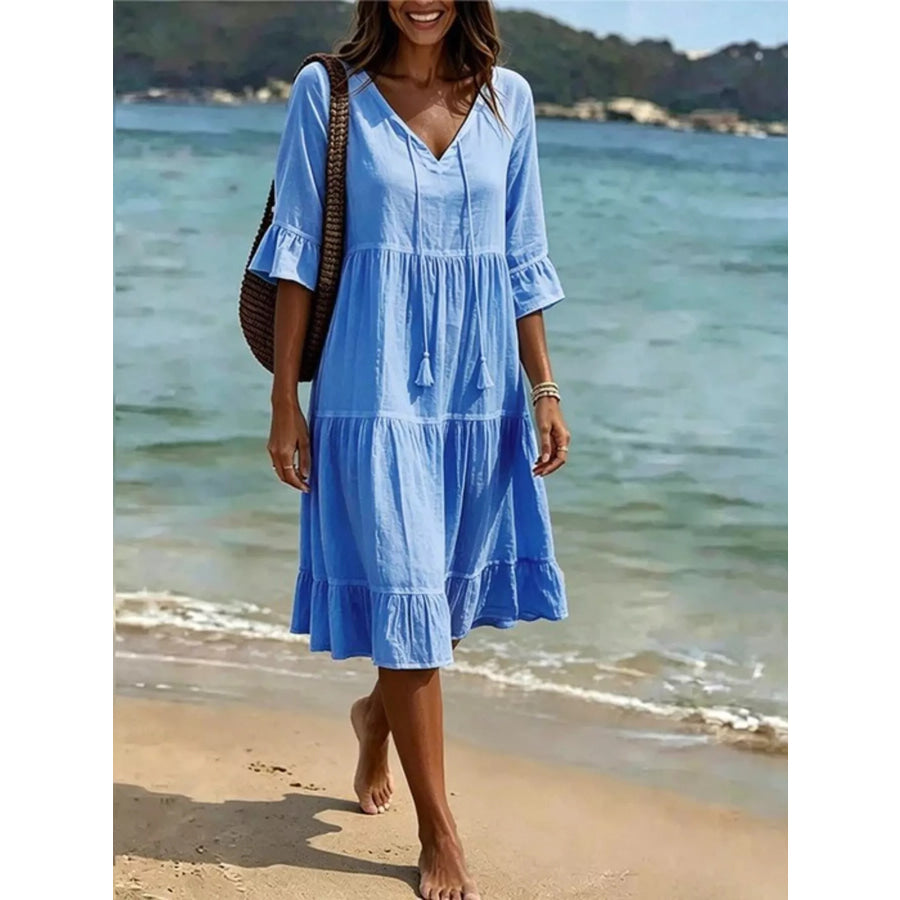 Full Size Tiered Tie Neck Flounce Sleeve Dress Plus Size Light Blue / S Apparel and Accessories