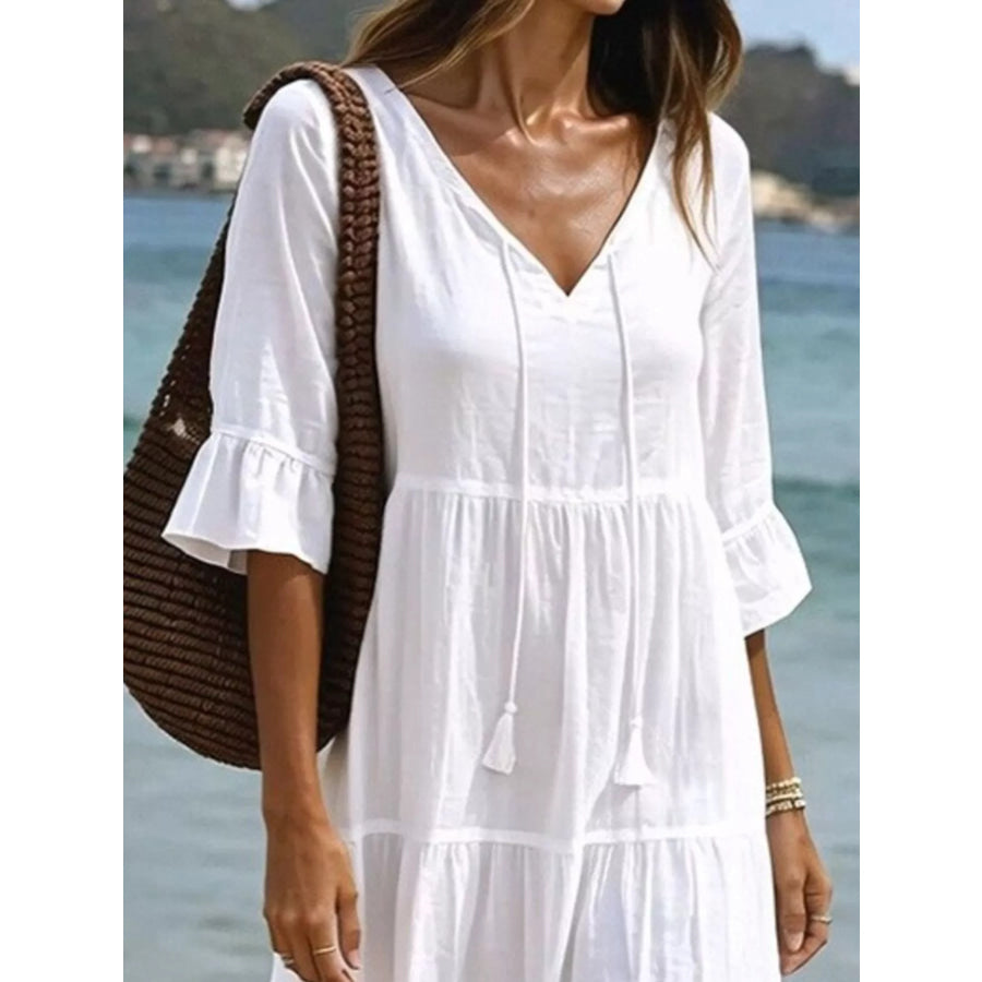 Full Size Tiered Tie Neck Flounce Sleeve Dress Plus Size White / S Apparel and Accessories