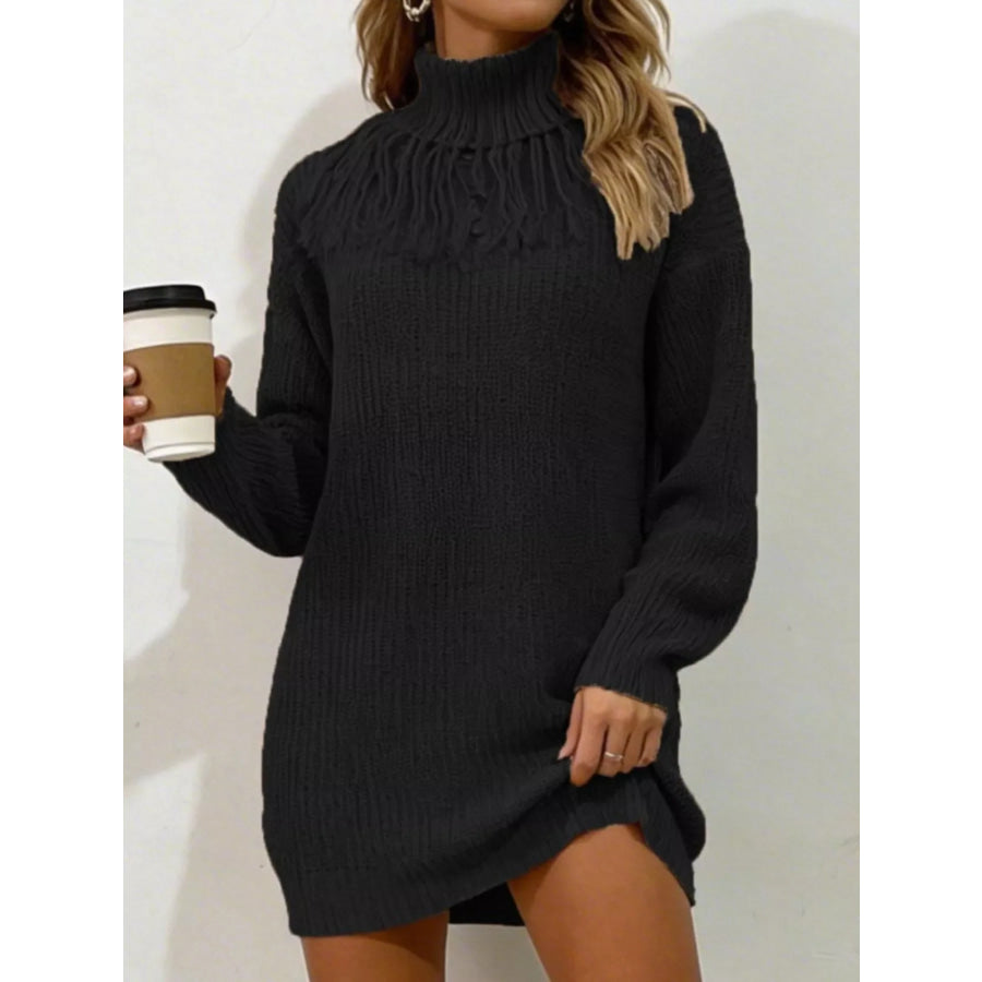 Full Size Turtleneck Fringe Detail Sweater Dress Plus Size Black / S Apparel and Accessories