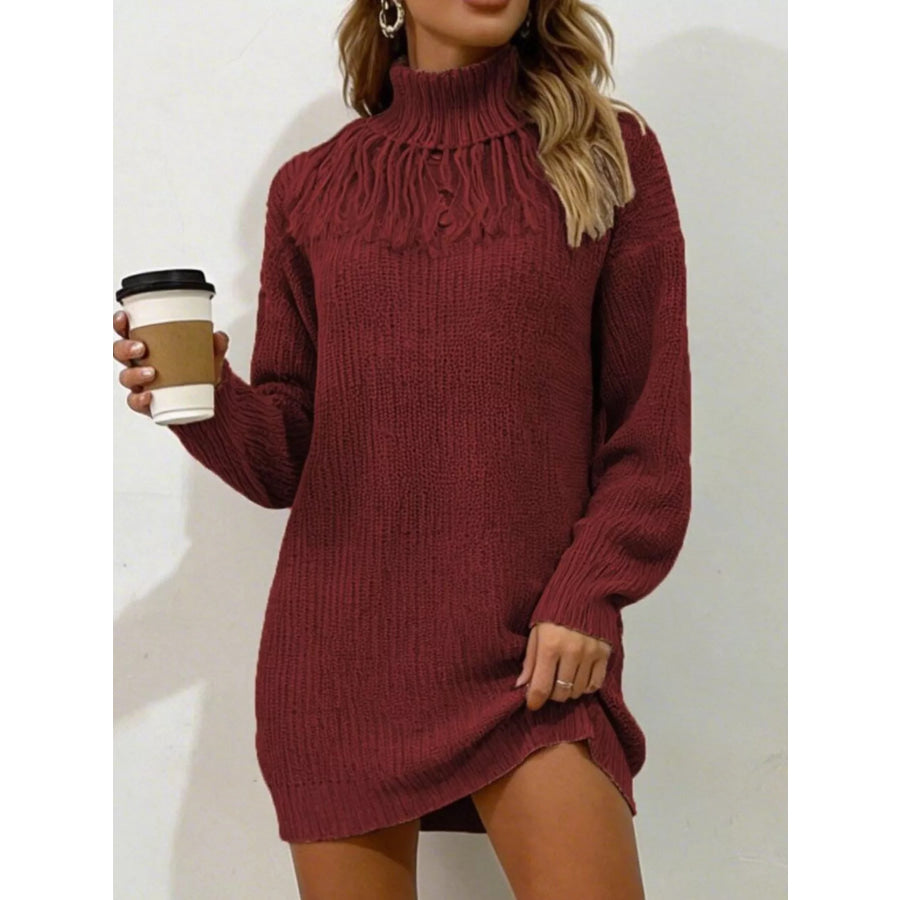 Full Size Turtleneck Fringe Detail Sweater Dress Plus Size Burgundy / S Apparel and Accessories