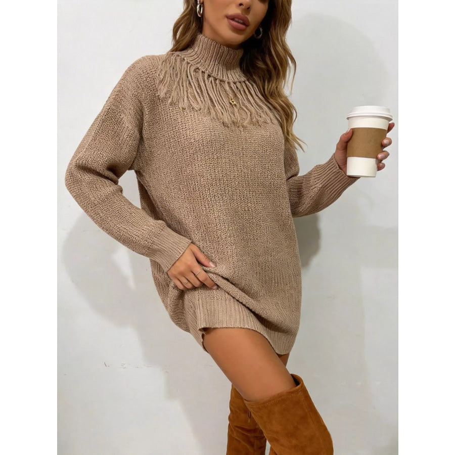 Full Size Turtleneck Fringe Detail Sweater Dress Plus Size Khaki / S Apparel and Accessories