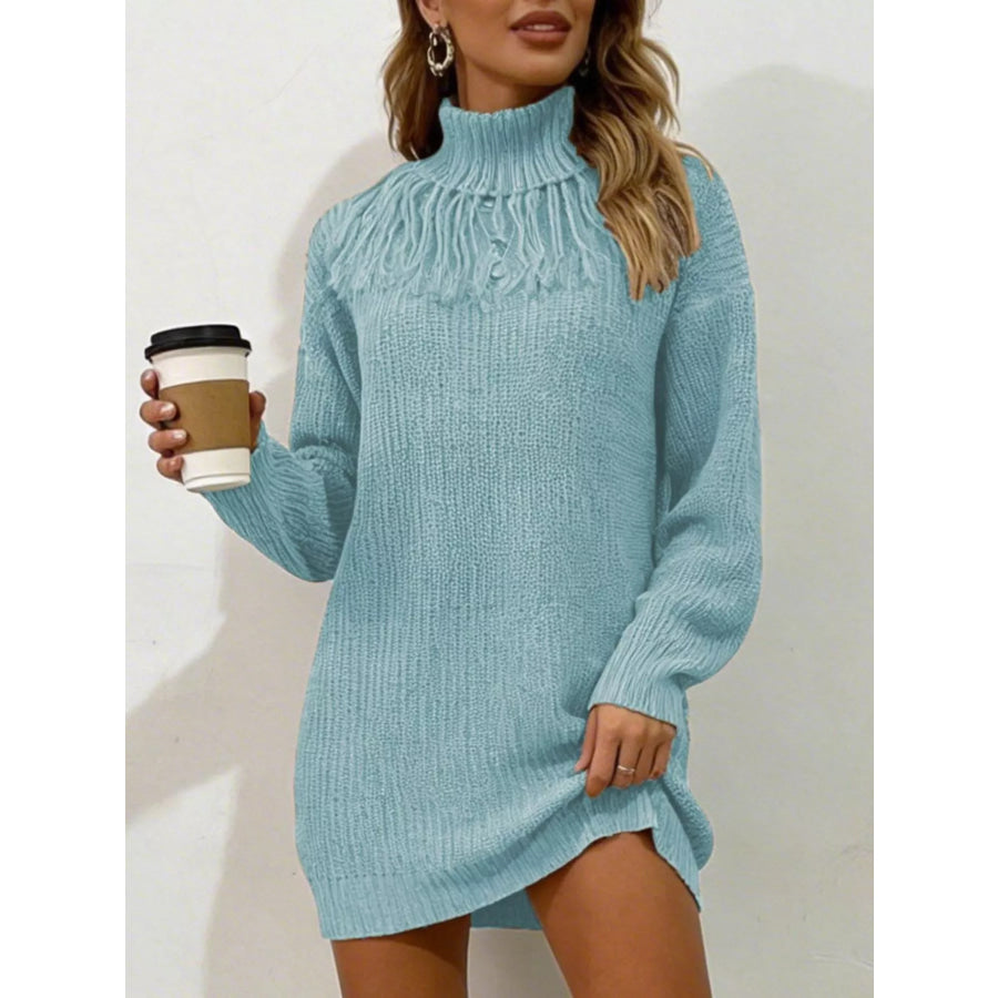Full Size Turtleneck Fringe Detail Sweater Dress Plus Size Light Blue / S Apparel and Accessories