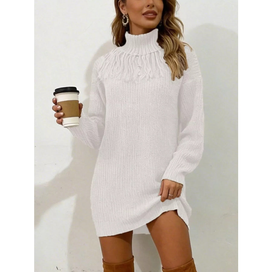 Full Size Turtleneck Fringe Detail Sweater Dress Plus Size White / S Apparel and Accessories