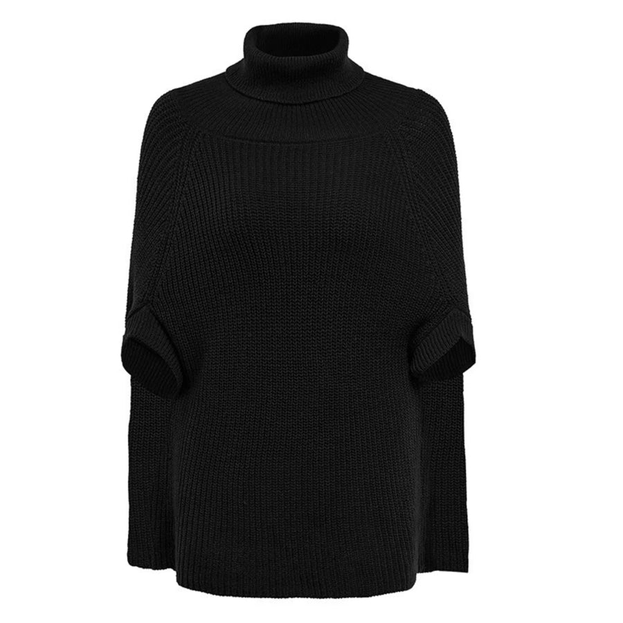 Full Size Turtleneck Knitted Cape Sweater Plus Size Apparel and Accessories