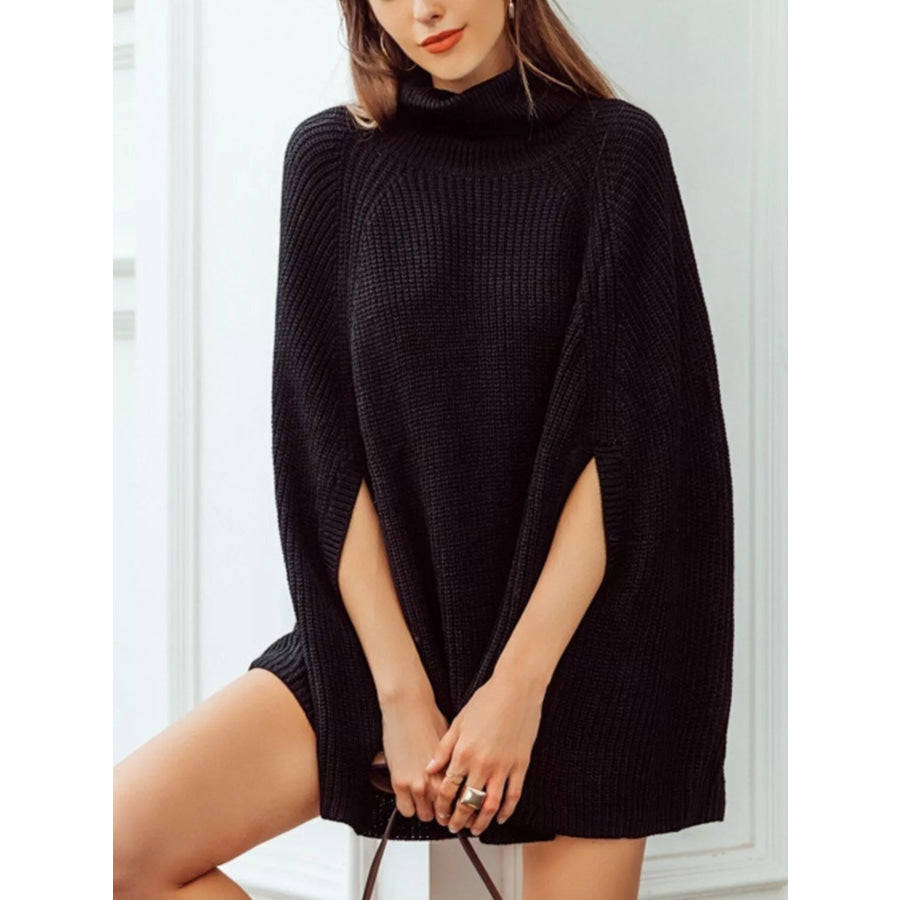 Full Size Turtleneck Knitted Cape Sweater Plus Size Black / S Apparel and Accessories