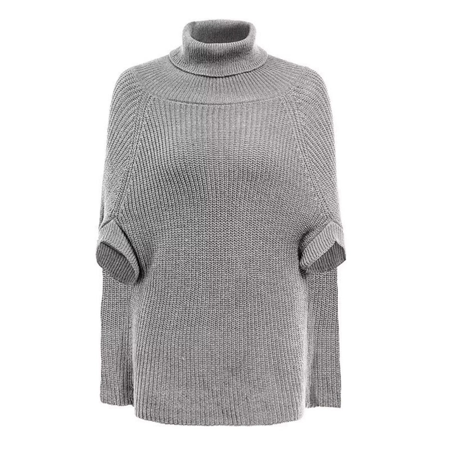 Full Size Turtleneck Knitted Cape Sweater Plus Size Grey / S Apparel and Accessories