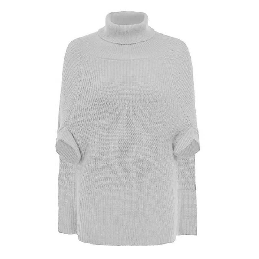 Full Size Turtleneck Knitted Cape Sweater Plus Size White / S Apparel and Accessories