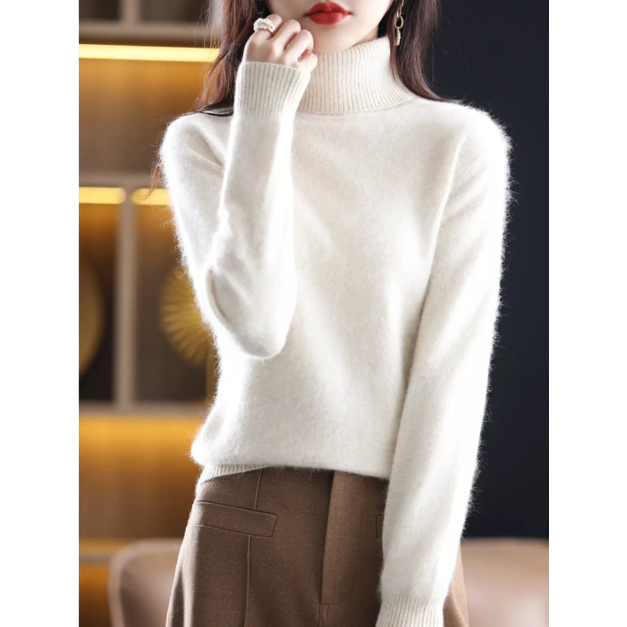 Full Size Turtleneck Long Sleeve Sweater Plus Beige Camel / S Apparel and Accessories