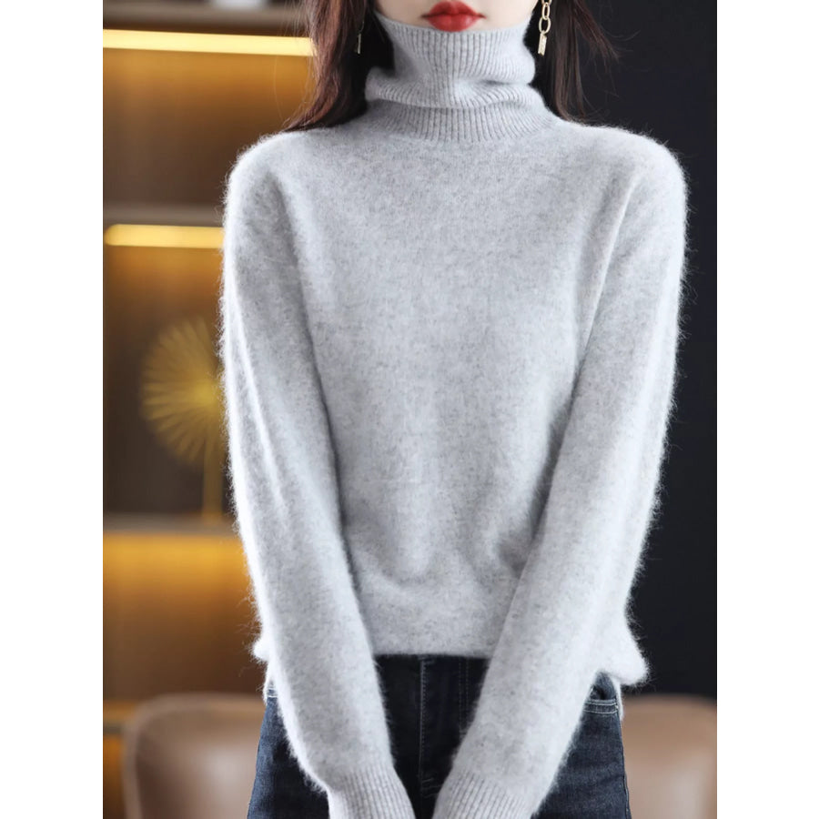 Full Size Turtleneck Long Sleeve Sweater Plus Light Gray / S Apparel and Accessories