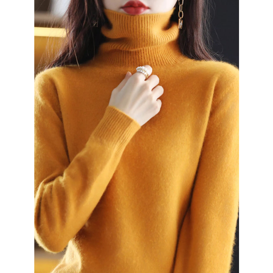 Full Size Turtleneck Long Sleeve Sweater Plus Mustard Yellow / S Apparel and Accessories