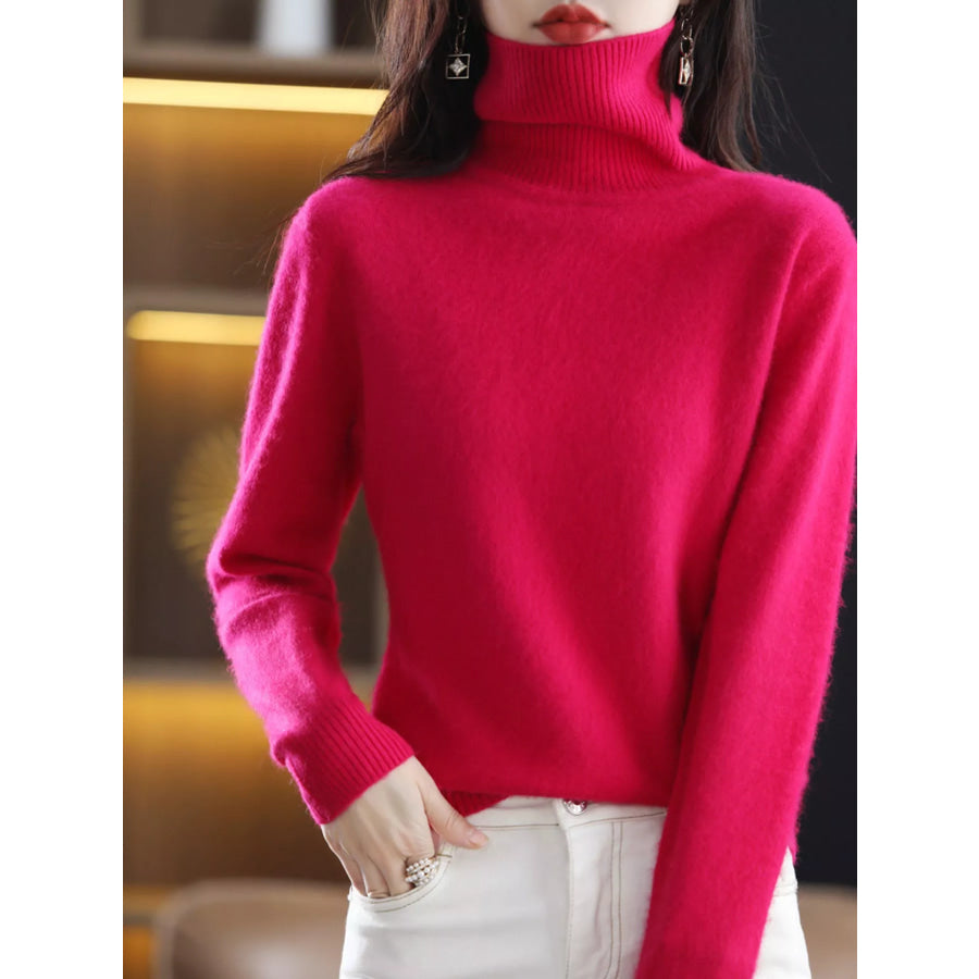 Full Size Turtleneck Long Sleeve Sweater Plus Rose Red / S Apparel and Accessories