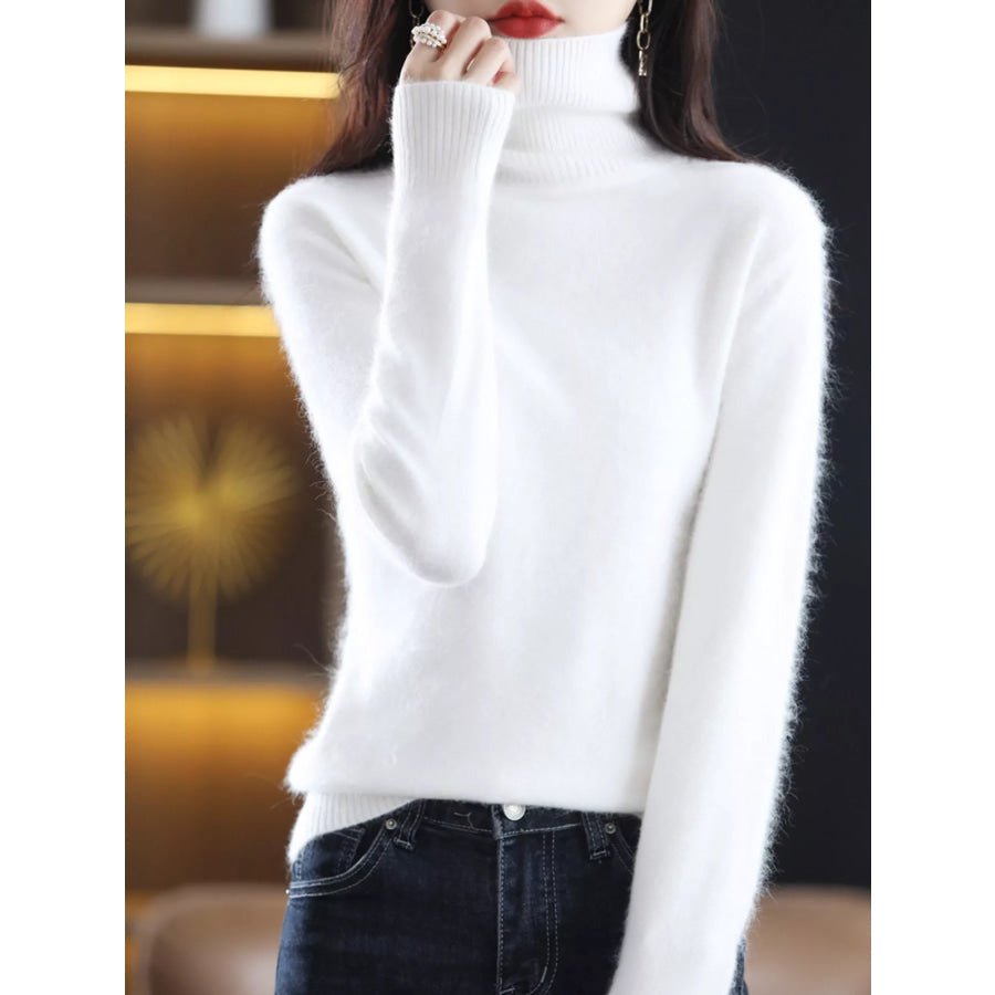 Full Size Turtleneck Long Sleeve Sweater Plus White / S Apparel and Accessories