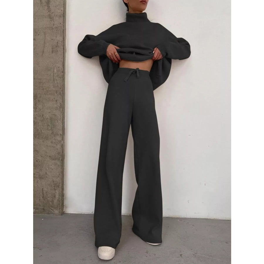 Full Size Turtleneck Long Sleeve Top and Pants Sweater Set Plus Size Black / S Apparel and Accessories