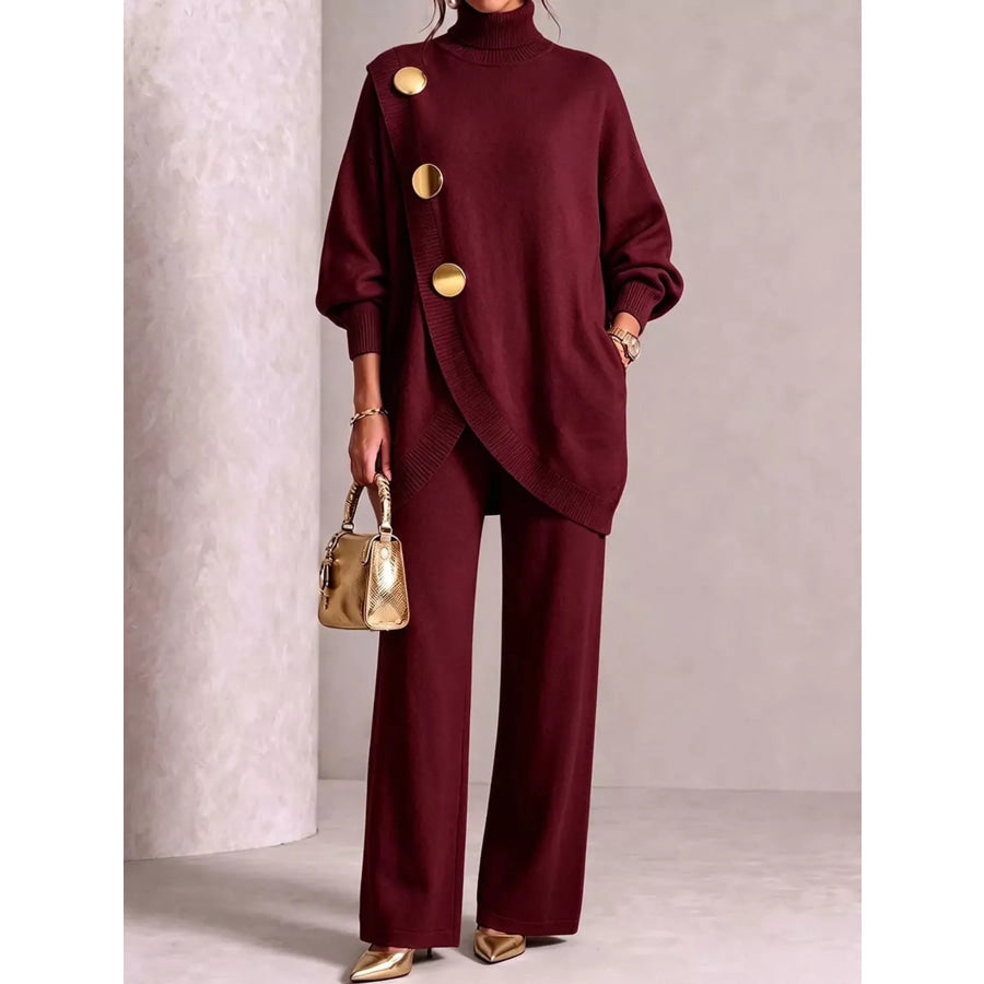 Full Size Turtleneck Long Sleeve Top and Pants Sweater Set Plus Burgundy / S Apparel Accessories