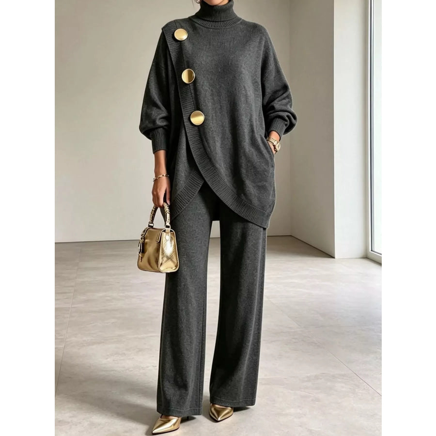 Full Size Turtleneck Long Sleeve Top and Pants Sweater Set Plus Dark Gray / S Apparel Accessories