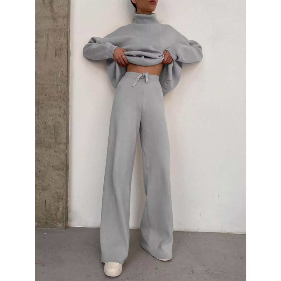 Full Size Turtleneck Long Sleeve Top and Pants Sweater Set Plus Size Grey / S Apparel and Accessories