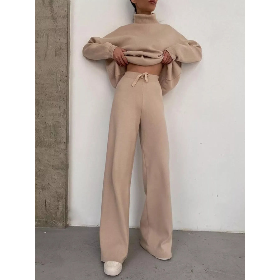 Full Size Turtleneck Long Sleeve Top and Pants Sweater Set Plus Size Khaki / S Apparel and Accessories
