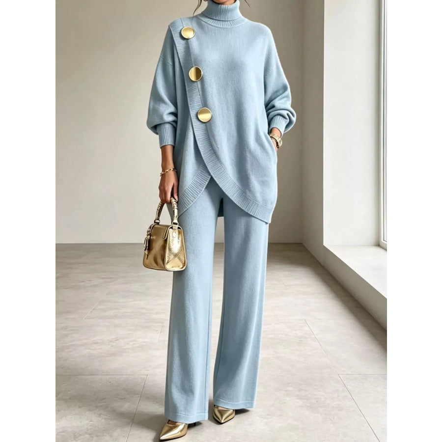 Full Size Turtleneck Long Sleeve Top and Pants Sweater Set Plus Light Blue / S Apparel Accessories