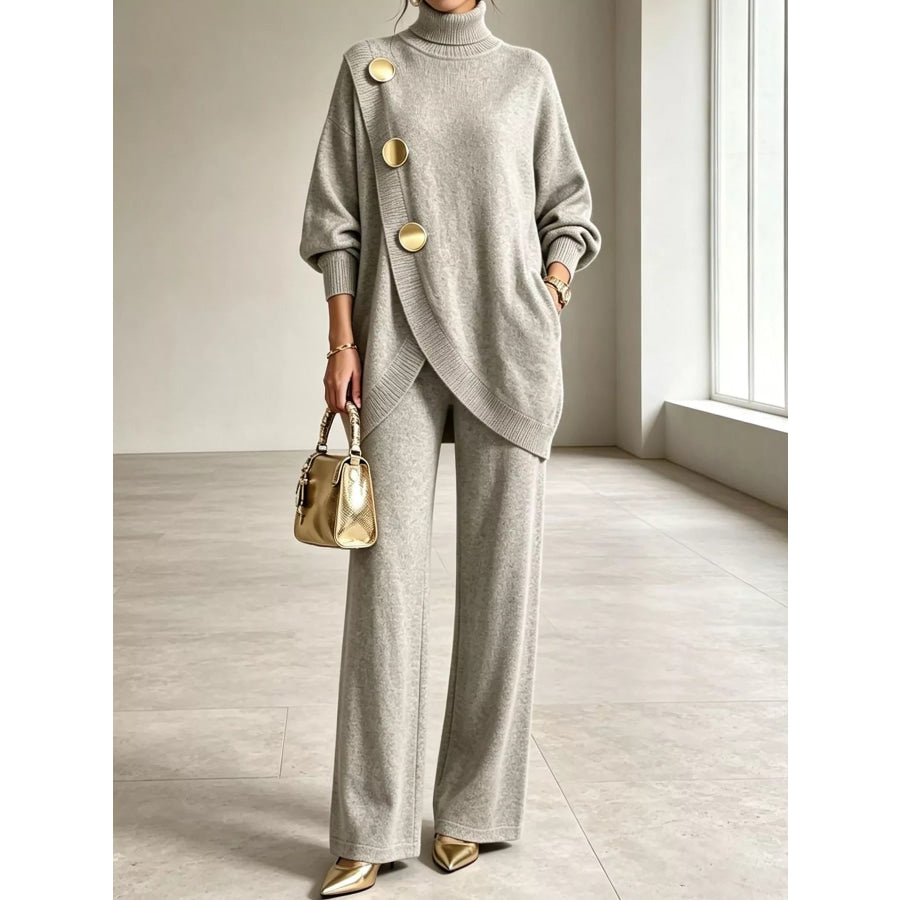 Full Size Turtleneck Long Sleeve Top and Pants Sweater Set Plus Light Gray / S Apparel Accessories