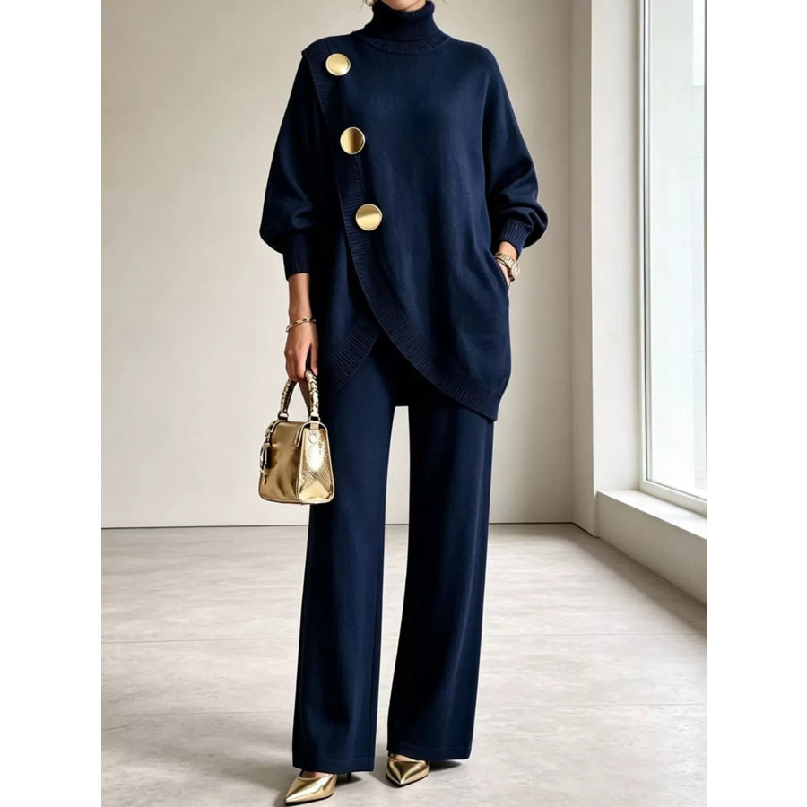Full Size Turtleneck Long Sleeve Top and Pants Sweater Set Plus Navy / S Apparel Accessories