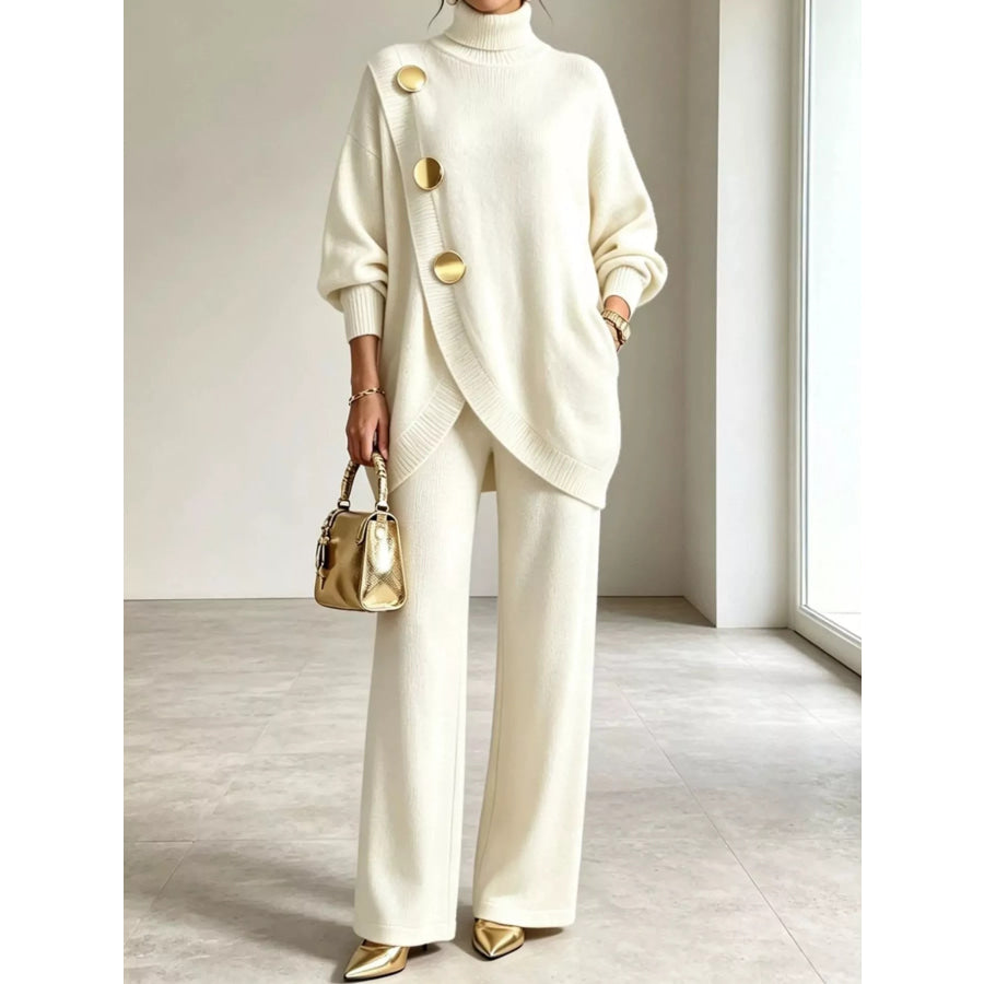 Full Size Turtleneck Long Sleeve Top and Pants Sweater Set Plus Off-White / S Apparel Accessories