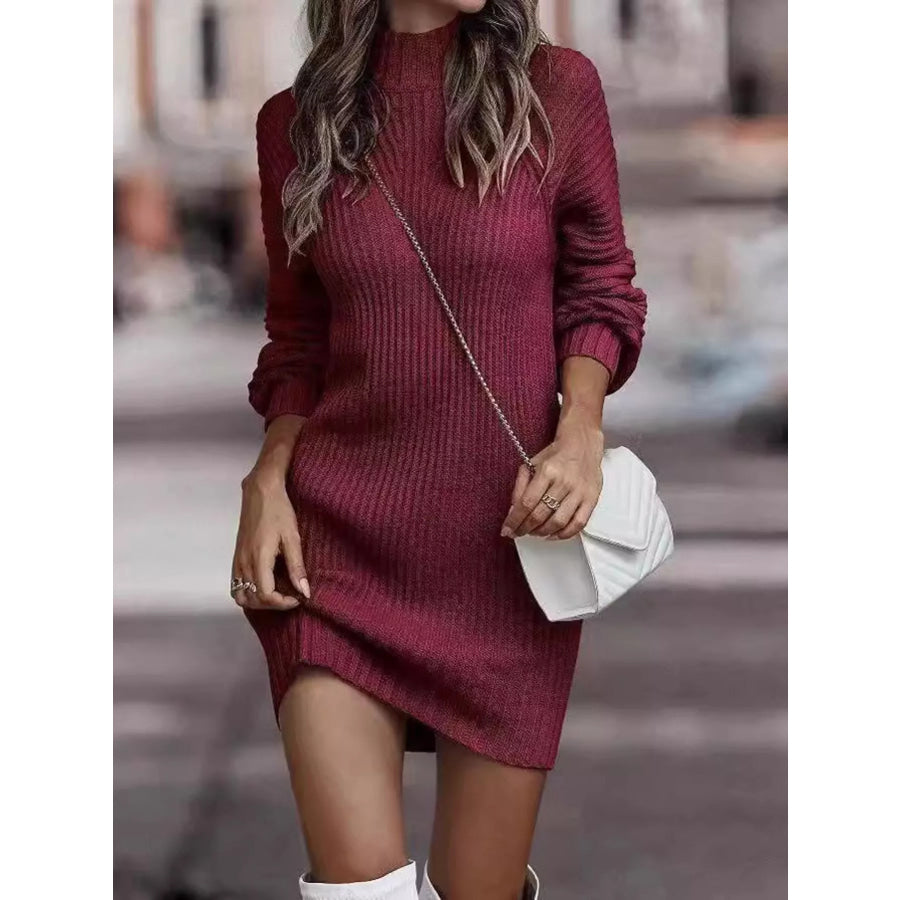 Full Size Turtleneck Raglan Sleeve Sweater Dress Plus Size Apparel and Accessories