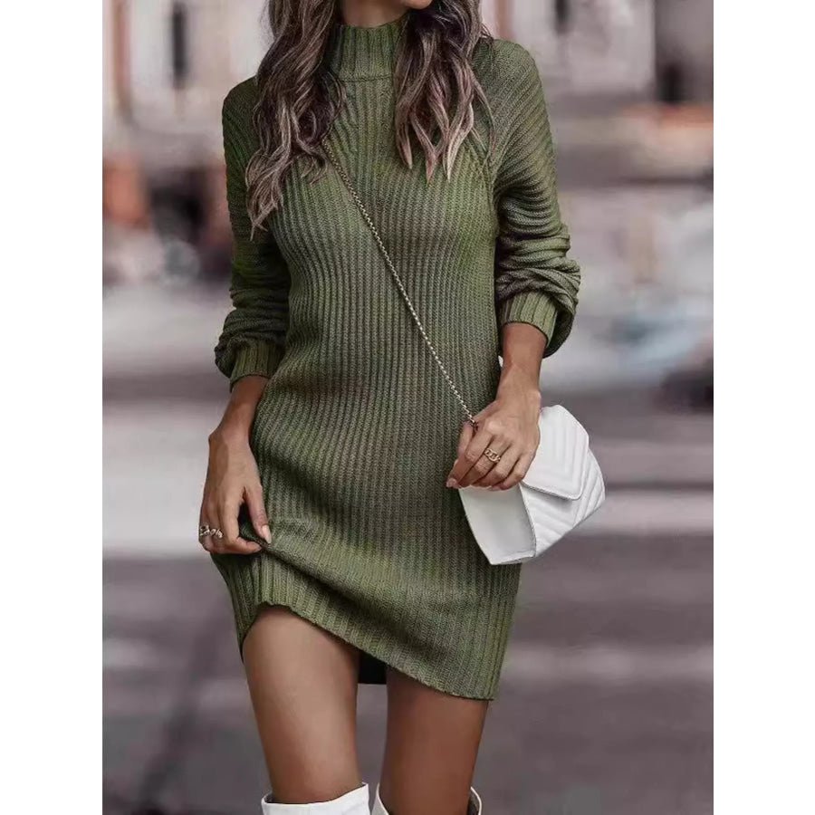 Full Size Turtleneck Raglan Sleeve Sweater Dress Plus Size Army Green / S Apparel and Accessories