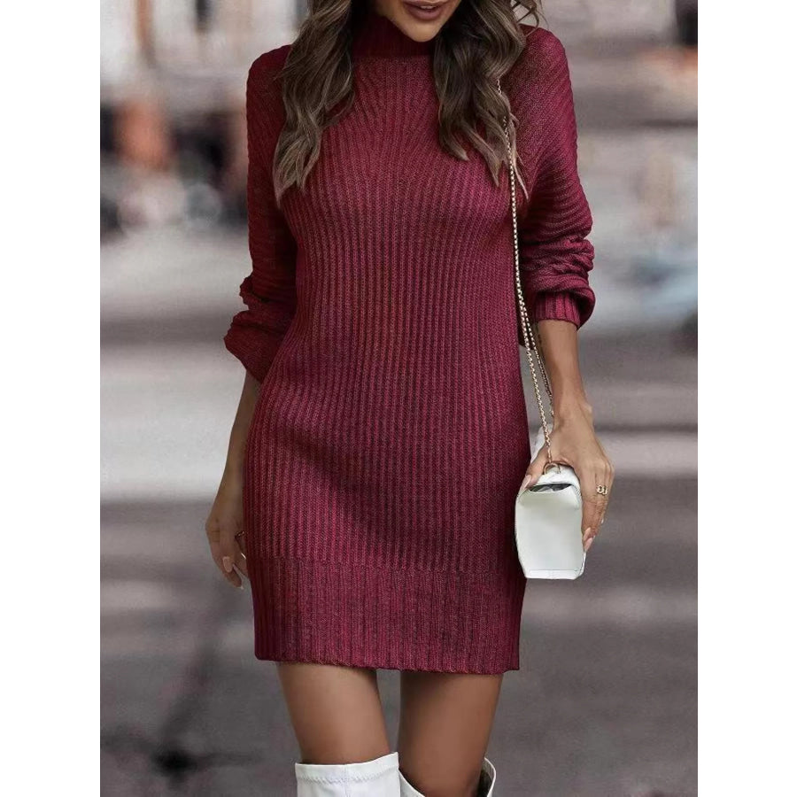 Full Size Turtleneck Raglan Sleeve Sweater Dress Plus Size Burgundy / S Apparel and Accessories