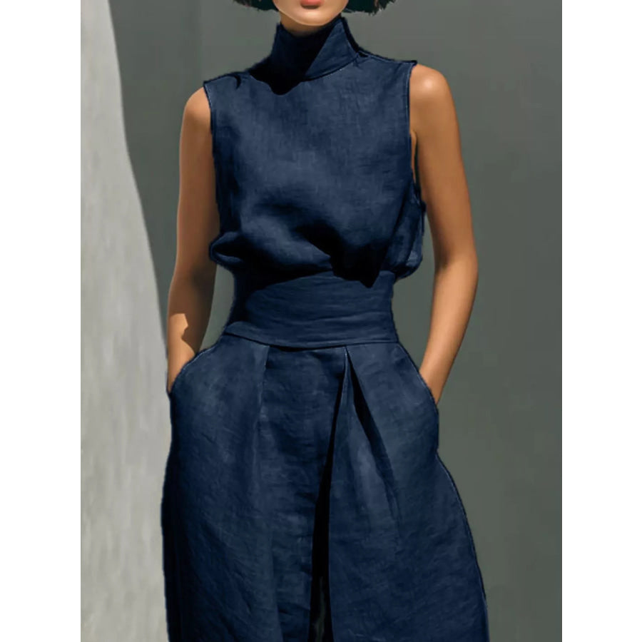 Full Size Turtleneck Sleeveless Top and Wide Leg Pants Set Plus Apparel Accessories