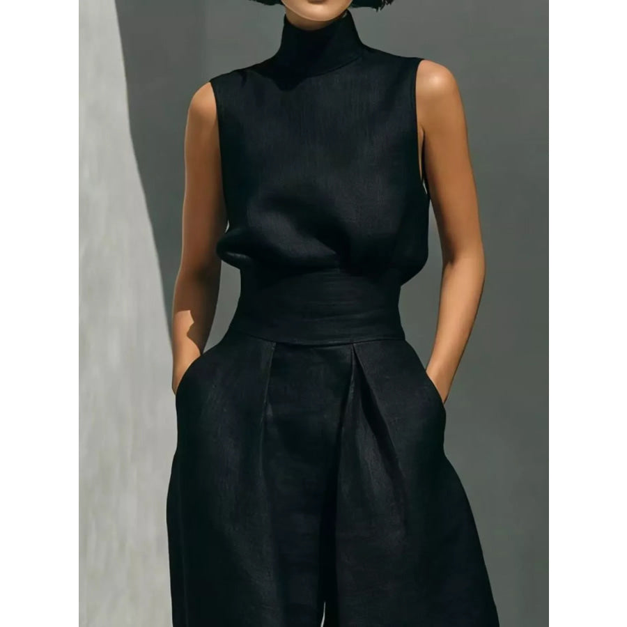 Full Size Turtleneck Sleeveless Top and Wide Leg Pants Set Plus Apparel Accessories