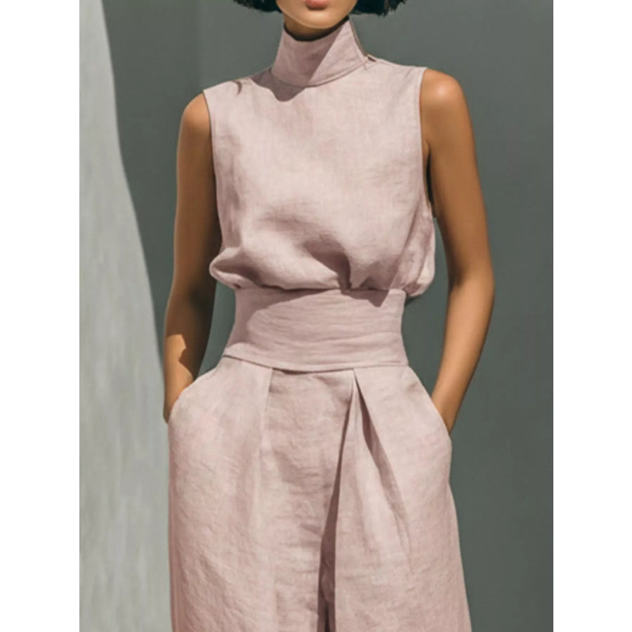 Full Size Turtleneck Sleeveless Top and Wide Leg Pants Set Plus Apparel Accessories