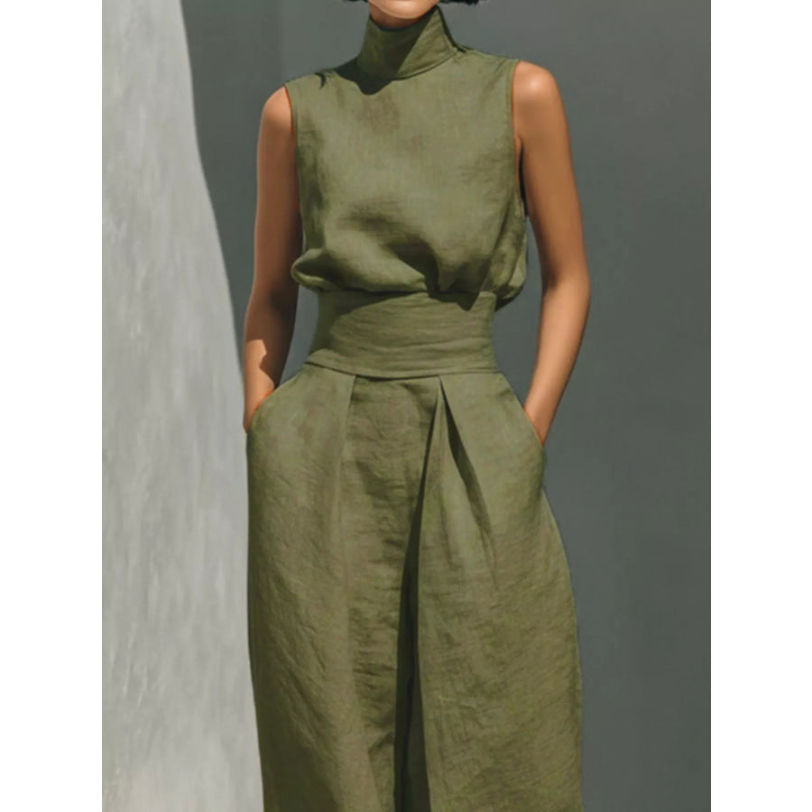 Full Size Turtleneck Sleeveless Top and Wide Leg Pants Set Plus Apparel Accessories